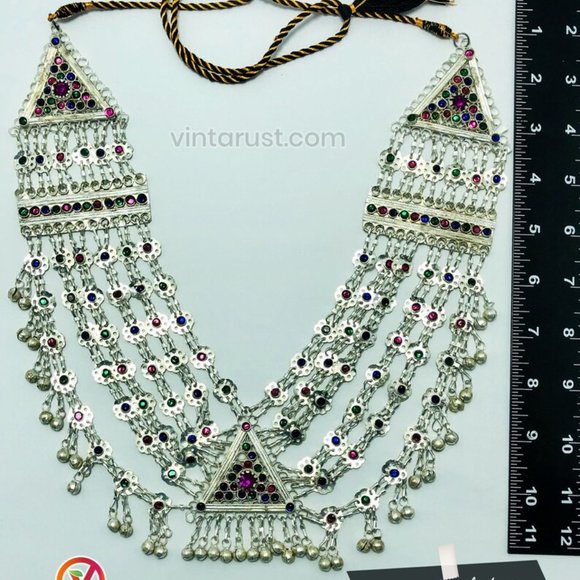 Multilayers Kuchi Tribal Bib Necklace With Multicolor Glass Stones - Picture 7 of 8